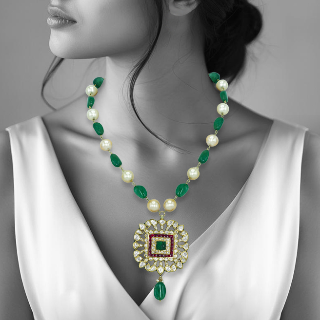 Emerald and Ruby Pendant Necklace with Polkis and Pearl Beads